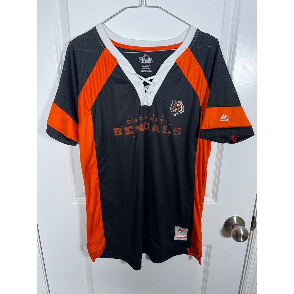 Majestic Women Jersey Cincinnati Bengals Lace Up V-Neck Black Orange XL